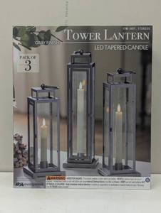 Pack of 3 Tower Lanterns - LED Candle with Remote - Gray Finish - Steel