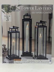 lot 159 image: Pack of 3 Tower Lanterns - LED Candle with Remote - Black Finish - Steel