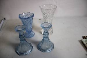 lot 11 image: Set of 4 Glass and Crystal Vases with Blue Candlestick Holders
