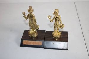 lot 32 image: Pair of Vintage Gold-Plated Clown Figurines on Wooden Bases
