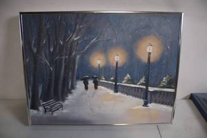 lot 72 image: Framed Winter Night Street Scene Art by Eleanor Barger