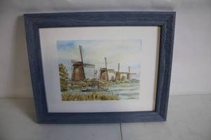 lot 73 image: Framed Windmill Watercolor Painting