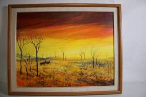 lot A-77 image: Framed Landscape Painting with Deer, Signed by Artist
