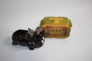 lot 106 image: Ceramic San Francisco Powell & Hyde Cable Car Bank and Hippo Planter