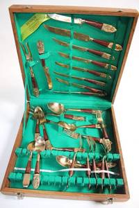 Vintage Benson 24-Piece Gold-Tone and Rosewood Flatware Set in Wood Case