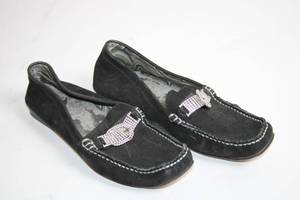 lot 164 image: Pair of Black Suede Loafers with Rhinestone Detailing - Size 6 12 M