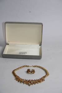 Vintage Gold-Tone Necklace and Clip-On Earrings Set with Rhinestones