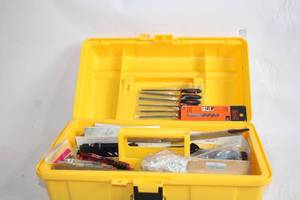 lot 250 image: Yellow Tool Box with Assorted Hand Tools and Accessories