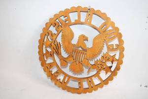 lot 253 image: Rustic Wooden Wall Art with Eagle and God Bless the USA Design
