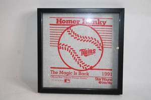 lot 275 image: Framed 1991 Official Star Tribune Homer Hanky - Minnesota Twins