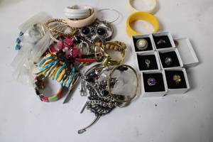lot 293 image: Assorted Jewelry Collection with 6 Rings and Colorful Watch