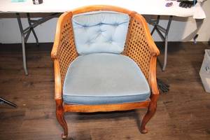 lot 355 image: Vintage Cane Back Armchair with Blue Cushion