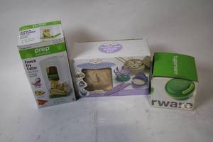 lot 388 image: Kitchen Tool Set with French Fry Cutter, Dumpling Maker Kit, and Tupperware Container