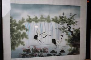 lot 413 image: Framed Watercolor Painting of Cranes and Waterfall