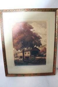 lot 418 image: Framed Vintage Artwork of Scenic Landscape with Covered Bridge