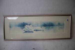lot 423 image: Framed Watercolor Painting of Swans by Artist