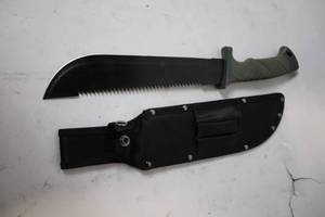 lot 447 image: Black Serrated Machete with Olive Handle and Sheath