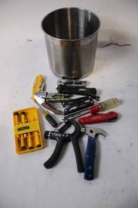 lot 463 image: Assorted Hand Tools and Metal Container