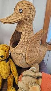 lot 5 image: 1970s Wicker Duck Basket and Vintage JB6B31ointedRegular Stuffed Animals