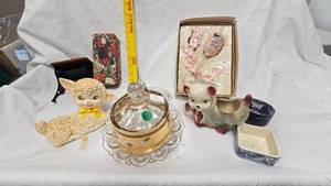 lot 14 image: Assorted Vintage, Rubber Lamb, Butter Dish,  Planter, Doll CombBrush Set