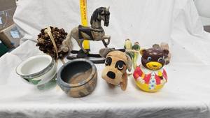 lot 15 image: Small Rocking Horse, Roly Poly Bear, Dog Toy, Stone Dish, and Various