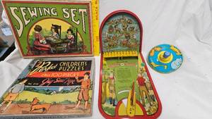 lot 16 image: Vintage Sewing SetPuzzles, Hoop A Loop Game, Spin Top
