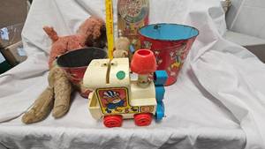 lot 18 image: Vintage Wheel of Fortune Game, Hanna Barbara Litho Pail, and Stuffed Anmals