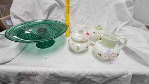 lot 19 image: Flower Patter SugCreamer, Butter Dish(cracks as Shown), 12 Cake Stand