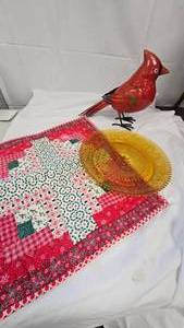 lot 29 image: Amberr Glass Serving TrayMetal Cardinal Sculpture
