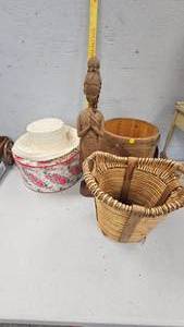 lot 35 image: Hat Box, Wood Sculpture,  Basket wLeather Straps