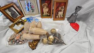 lot 56 image: Cat Pics(raised), silver bell, wood puzzle and Misc Vintage
