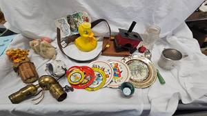 lot 58 image: Metal Tea Set Pieces, Rubber Duck, Tin Stove and Light Fixture