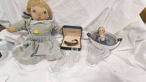 lot 77 image: LaSalle  Watch amd stiffed Doll, Minature Clear Glassware
