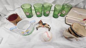 lot 78 image: 5Ct Handpainted Green Glasses, Planter, Rattle Toy