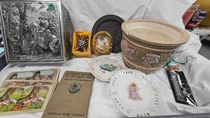 lot 82 image: Fabrege Style Egg, Plates, Grape Vine Flower Pot, Horse Tin Box