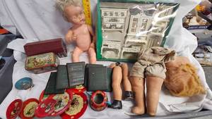 lot 91 image: Mini Historical Books, Doll Furniture, additional metal tea set pieces