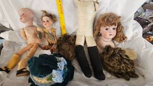 lot 94 image: Antique Jester Clown Doll and Leather Doll Body, additional Porcelain Doll