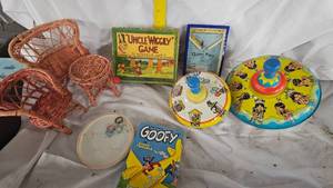 lot 96 image: Uncle Wiggly Game, Toy Wicker Set, Spin Top