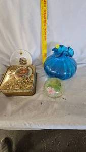 lot 109 image: Blue Vase and Paperweight, Misc Vintage