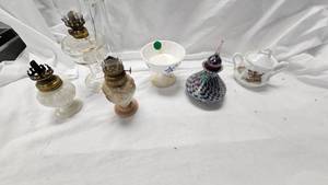 lot 120 image: Small oil Lamp, Creamer, Iridescent Perfume Bottle