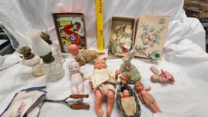 lot 132 image: Miniature Babies, Porcelain and Plastic, Vintage Crawling Baby(still works), Vintage Puzzle