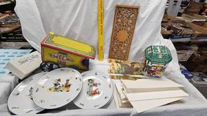 lot 125 image: Tin Milk Cart, Tin Box, Plates, Dept 56 Village Building