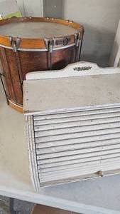 lot 137 image: Wood Bread Box and Vintage Drum