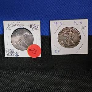 lot 23 image: (2) 1943, Toned, Walking Liberty Half $