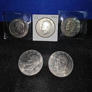 lot 27 image: (5) Ike $, 3 Bicentennial and 2-1974