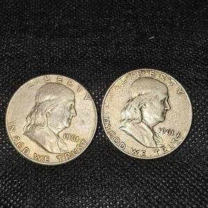 lot 28 image: (2)Franklin Half $, 1961-D