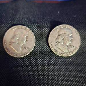 lot 104 image: 2-Franklin Halves, 1953,1954