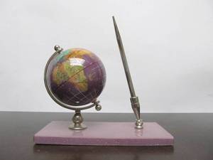 lot 59 image: Inlaid Stone Desk Globe wPen Holder & Pen