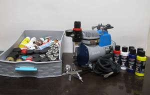 lot 63 image: Like-New or New AVANTI Airbrush Compressor wAccessories & Many Jars of Paint