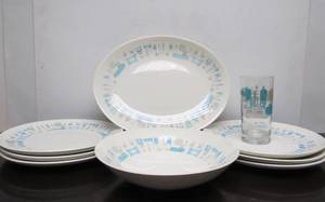 lot 67 image: Group of Mid Century Royal China BLUE HEAVEN Dishware & Drinking Glass